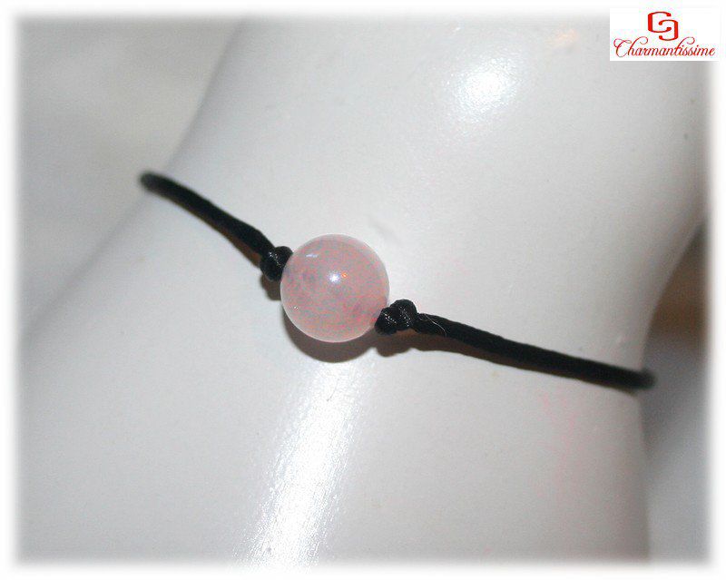 Bracelet pas cher pierres naturelles véritables quartz rose sur cordon fin noir pour femme