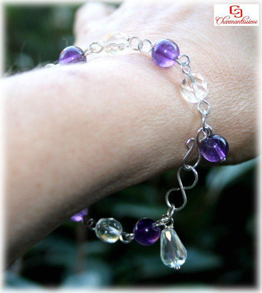 Bracelet Clairvoyance Protection perles améthyste et cristal de bohême avec fermoir Infini plaqué-argent