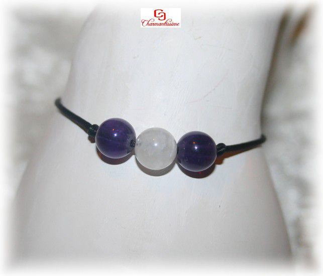 Bracelet perles améthyste pierre de lune minimaliste violet blanc