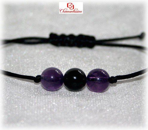 Bracelet perles améthyste violet et tourmaline noire - protection contre mauvais oeil
