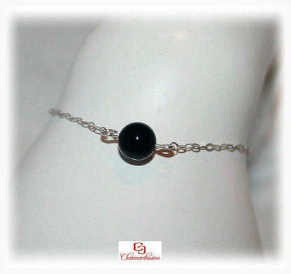 Bracelet Perle Tourmaline noire argent - chaine fine minimaliste - Bijou protège contre mauvais oeil