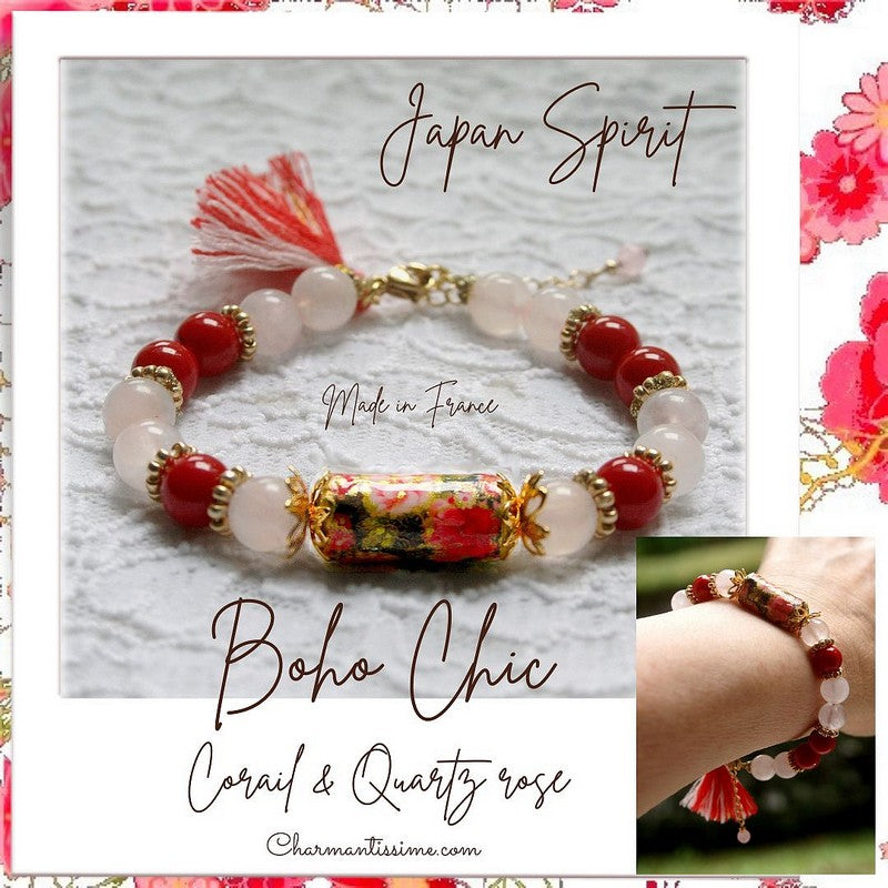Cadeau idéal pour femme romantique, bracelet fleur de sakura de style japonais avec corail rouge et quartz rose + perles plaqué or et pompon de style boho chic