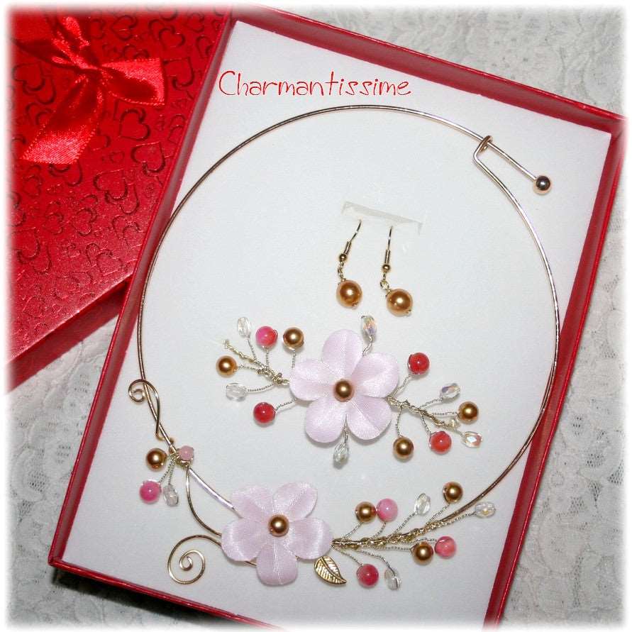 cadeau parure de bijoux de mariee fleur du Japon sakura satin rose et laiton doré perles cristal