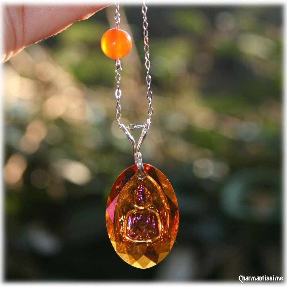 collier pendentif cristal bouddha orange fuschia swarovski chaine argent 925 pas cher. Collier mariage religieux bouddhique cornaline.