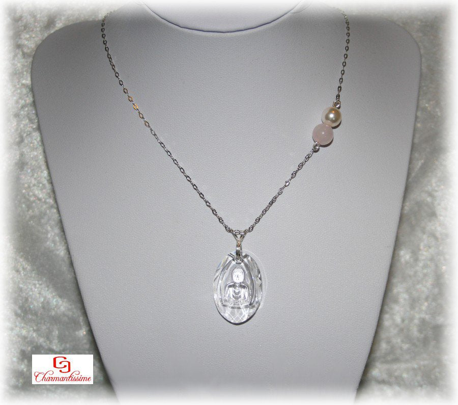 Collier pendentif Bouddha cristal pierre quartz-rose perle-nacre chaine-argent pas cher