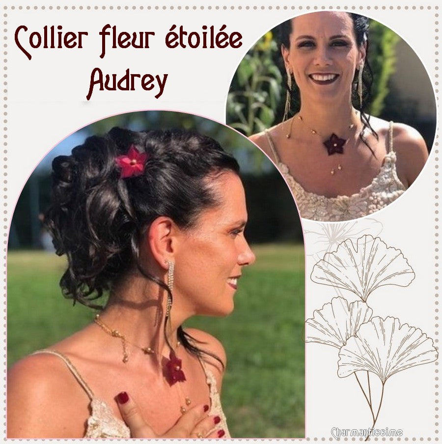 collier mariage floral avec fleur bordeaux et perles nacrées or du mariage d'Audrey