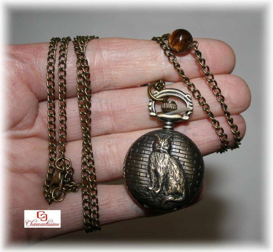 montre à gousset chat laiton bronze et perle pierre oeil de tigre sur chaine collier style ancien steampunk