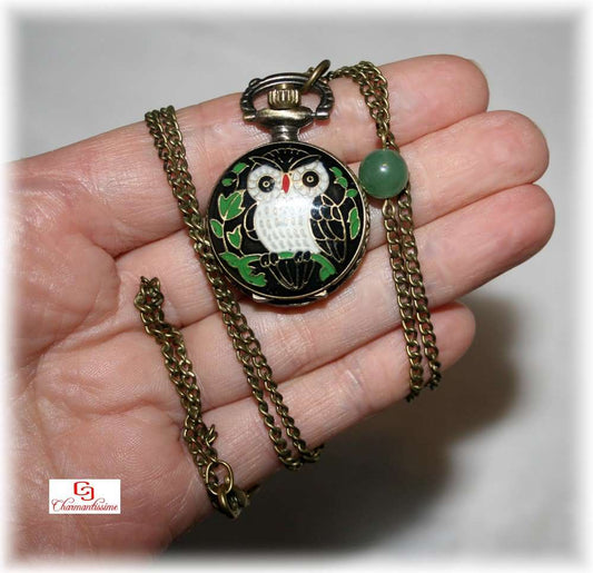 Montre pendentif à gousset Hibouo Chouette bronze cloisonnée de style ancien et perle aventurine verte