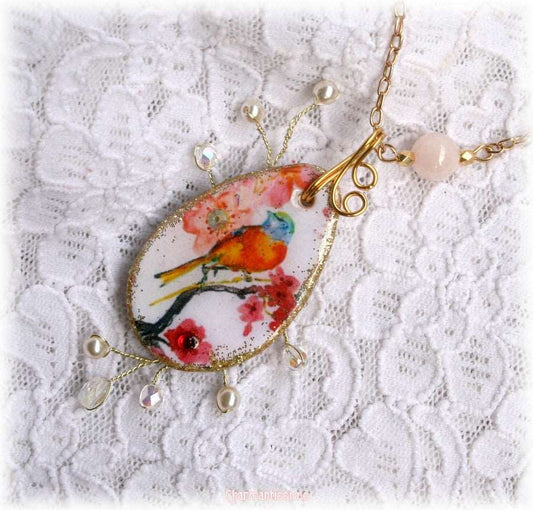 collier oiseau fleurs sakura perles cristal nacre morganite boheme or