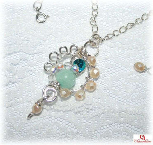 Collier pendentif perle amazonite strass bleu turquoise & perles cristal serties façon wire-wrapping