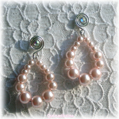 boucles d'oreilles créoles vintage perles nacre rose argent et strass