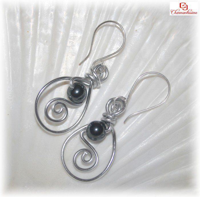 Boucles d'oreilles perles hématite spirale ovale métal alu argenté