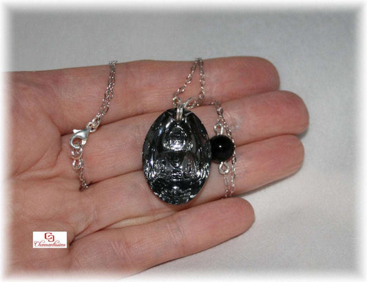 Collier pendentif Bouddha cristal swarovski noir Chainette argent-massif-925 Tourmaline-noire
