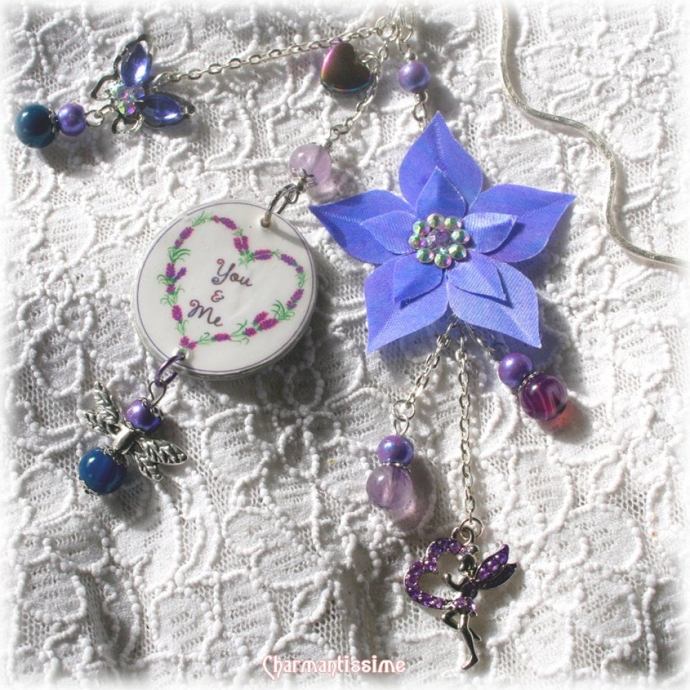 Marque page "You and Me" fleur violet-lavande et perles en joli cadeau personnalisé original pour la Saint-Valentin