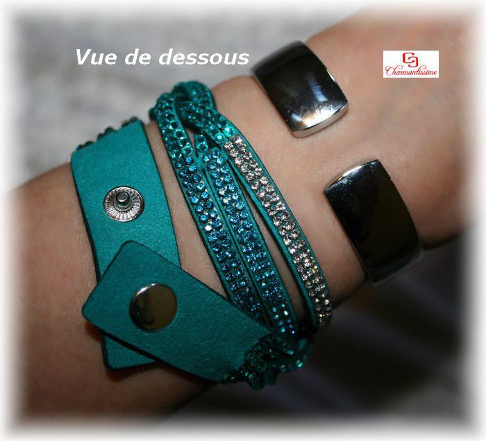 Montre femme acier Strass et Bracelet manchette strass turquoise / verso