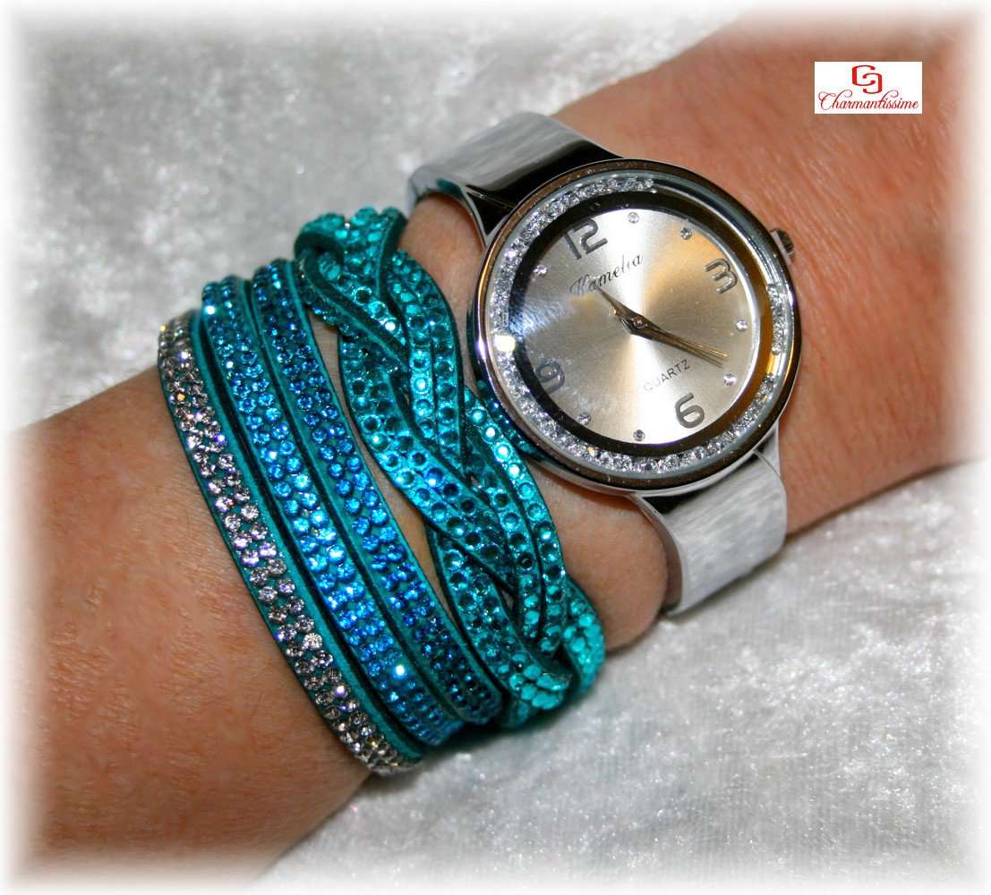 Montre femme acier Strass et Bracelet manchette strass turquoise style girly