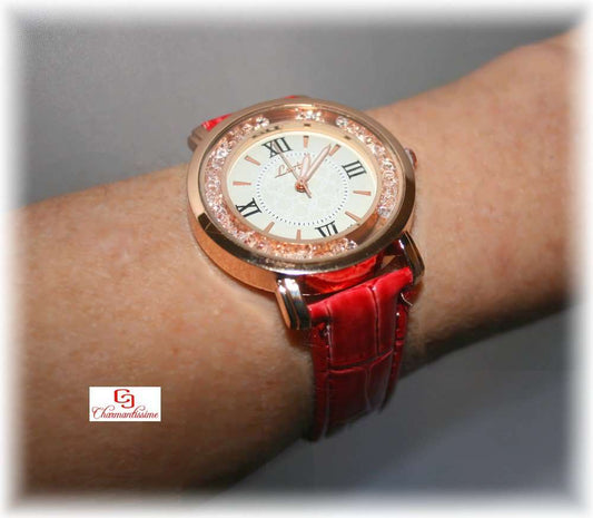 Grande montre femme rose gold strass et effet cuir rouge girly