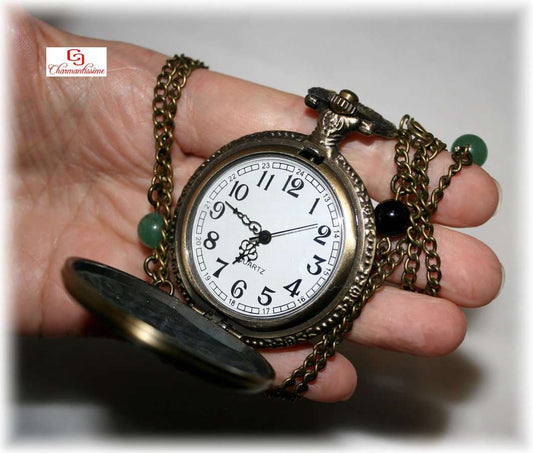 Bijou montre à gousset Chouette Hibou sur collier laiton bronze Pierre aventurine verte Tourmaline n