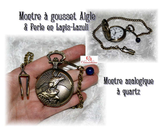 Collier montre gousset Aigle et pierre Lapis Lazuli sur chaine laiton bronze steampunk