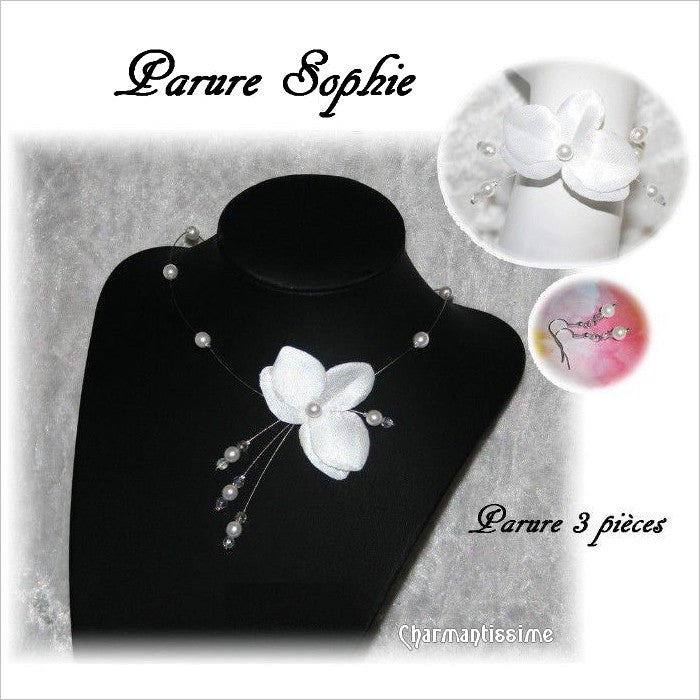 Parure de bijoux de mariée "Sophie" avec fleur d'orchidée blanche en satin et perles nacrées