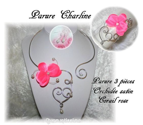 Parure bijoux mariage floral champêtre orchidée rose corail sur coeur en arabesques alu argent