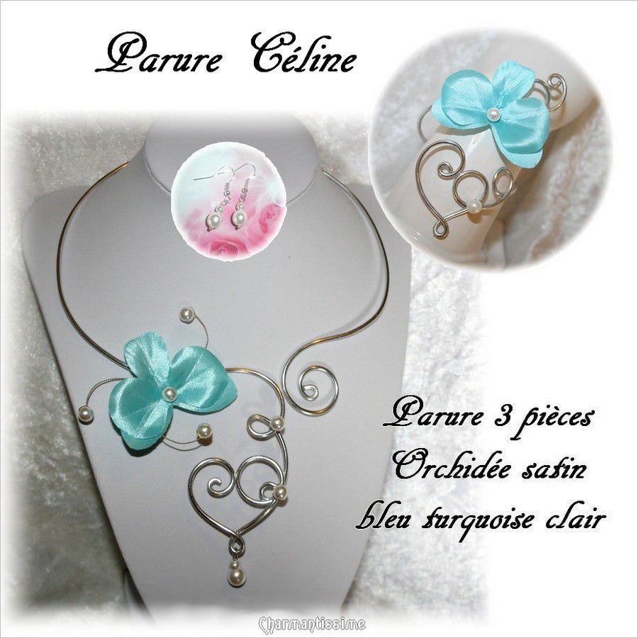 Parure de mariage bohème-chic originale "Céline" avec petites orchidées bleu turquoise clair aqua en satin, sur coeur en volutes or ou argent, composée du collier et du bracelet