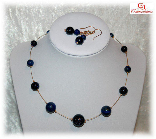 Parure collier lapis-lazuli & blue stone perles Galaxy sur fil doré + boucles d'oreille 