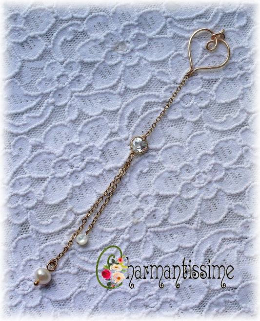 pendentif de dos mariage Coeur doré avec coeur en zircon, perle de nacre et perle d'eau douce sur chaine fine acier inoxydable or