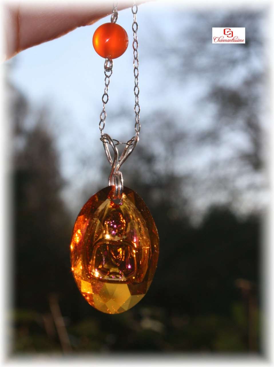 Pendentif Bouddha cristal orange fuchsia Collier perle cornaline chainette argent 925
