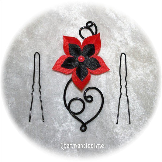 pic chignon fleur rouge et noire sur coeur en volute d'alu noir pour mariage et fête et personnalisable autres couleurs