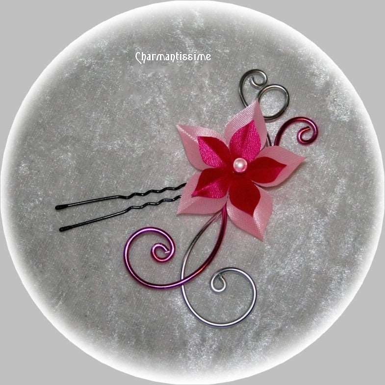 bijou de cheveux (pic à chignon) fleur fuchsia et rose en satin sur fils d'alu assortis, personnalisable autres couleurs pour mariage et fête
